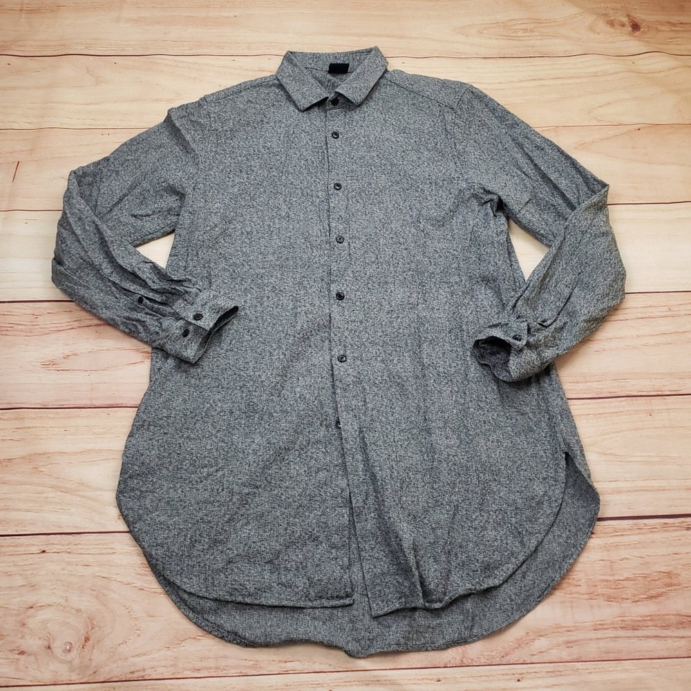 ASOS Longline Button Down Shirt Mens Large Grey Cotton Textured Curved Hem‎